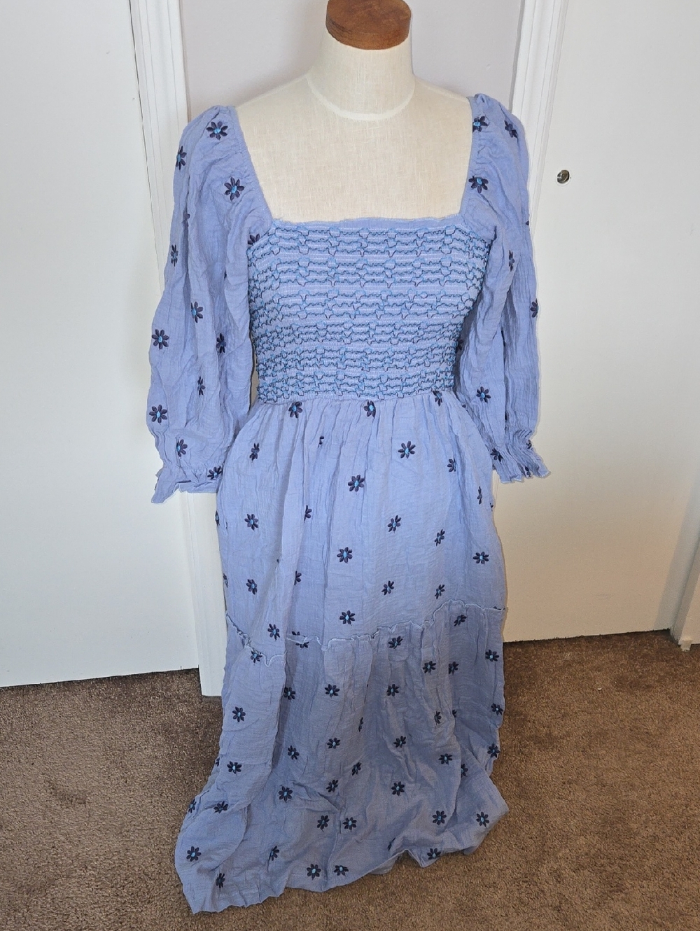 Smocked Square-Neck Midi Dress in Light Blue with Floral Embroidery